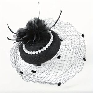 🖤 Pinup Accessory 1950s Retro Vintage Fascinator Black Pillbox Pearl Veil Hat